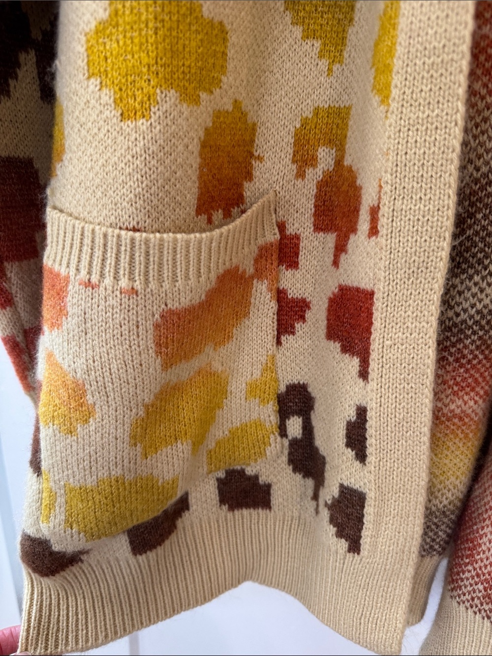 Open Front Cream Cardigan Yellow Orange Brown Spots Soft Knit Layering Piece - Picture 3 of 9